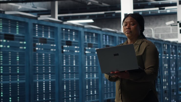 Smiling engineer walking in data center with laptop, checking hardware