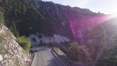 several vehicles drive down a winding two-lane highway through a mountain pine forest on a sunny afternoon