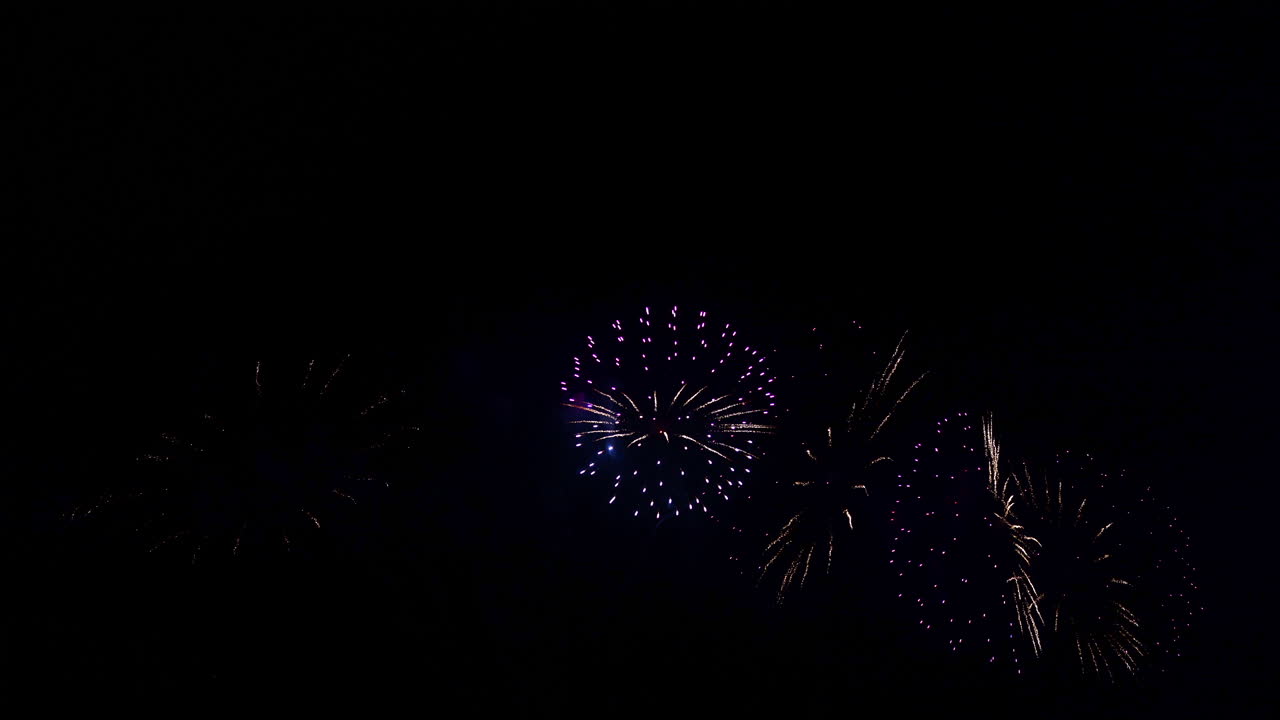 Colorful blue and purple fireworks bursting against the black sky, 2022 New year celebration copy space