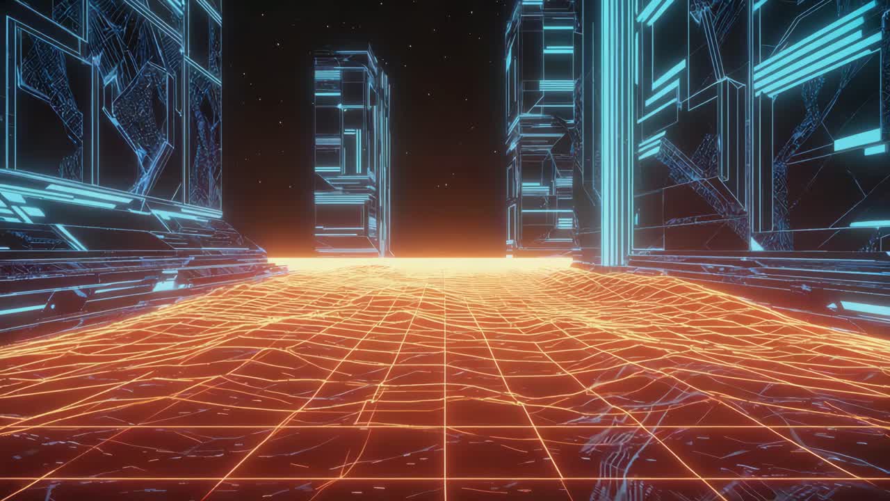 Synthwave Cityscape with Neon Grid