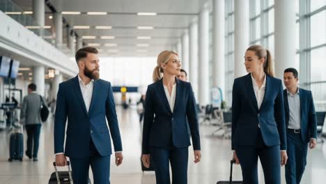 a dynamic trio of business professionals walk confidently through an airport terminal, exuding style and purpose on their journey to new opportunities