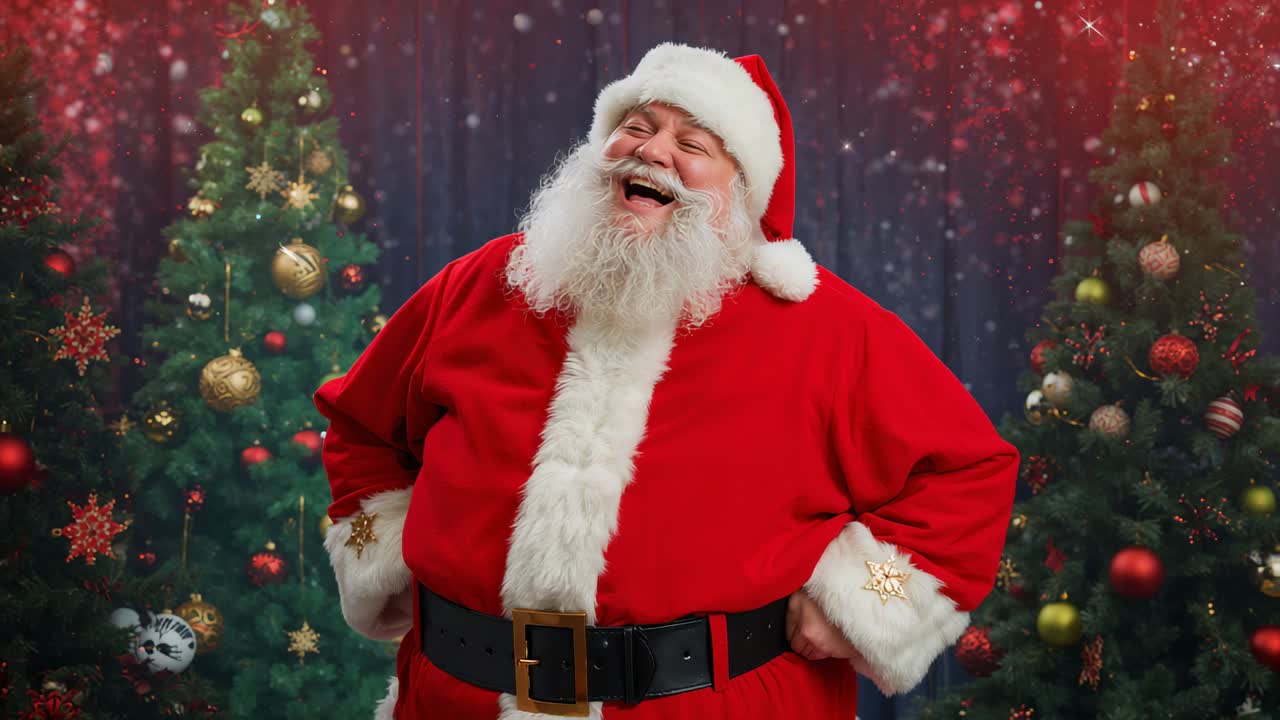 Reacting to frame change, Santa in red coat laughing and leaning back in studio with trees