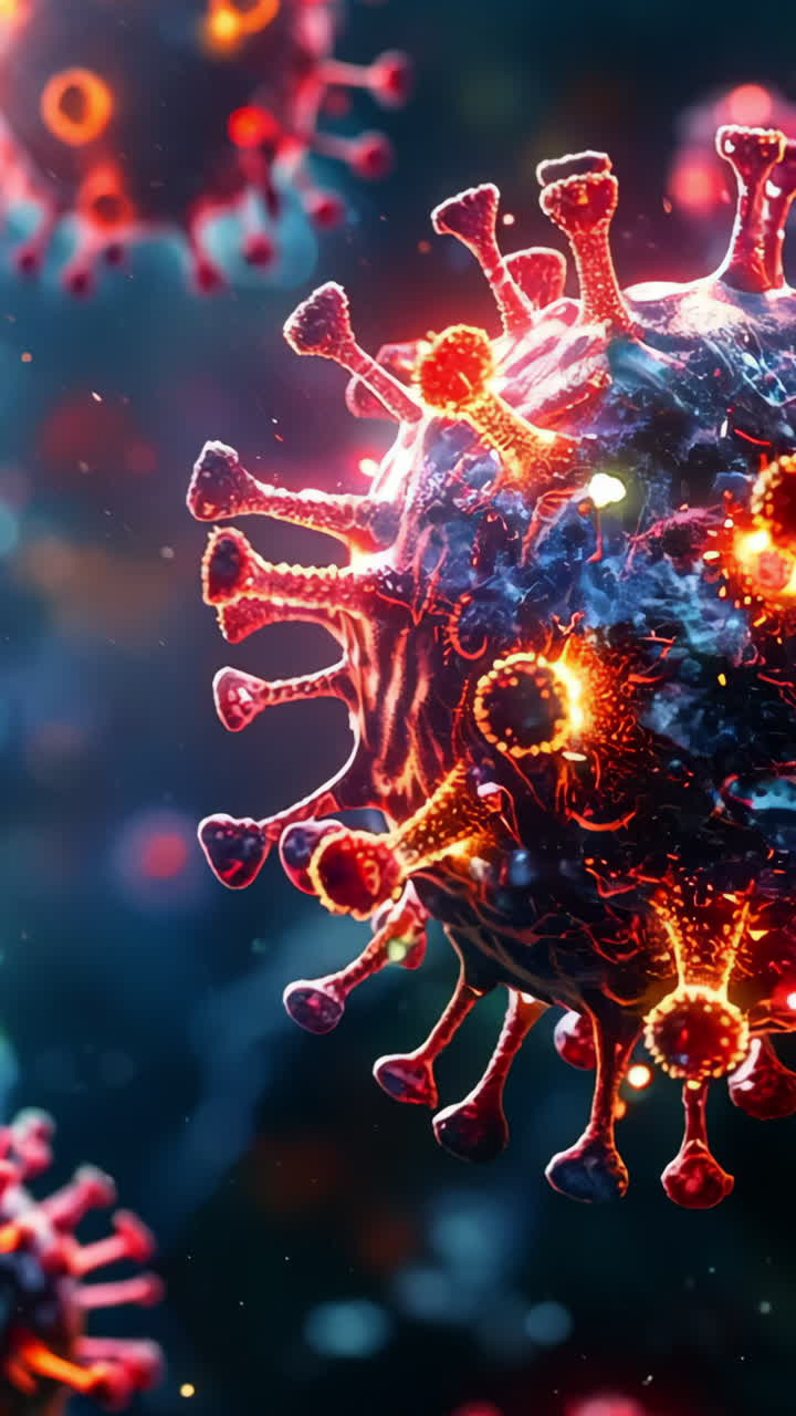 A close up of a virus with a red and orange glow. The virus is surrounded by a blue background