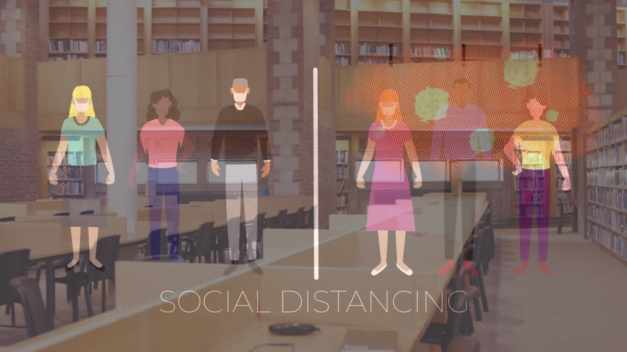 도서관 방에서 사회적 거리를 유지하는 사람 아이콘의 애니메이션