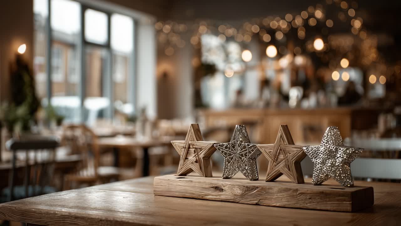 Charming Wooden Star Decorations Enhance Cozy Atmosphere in a Warm, Inviting Restaurant Setting with Soft Lighting and Creative Design Elements