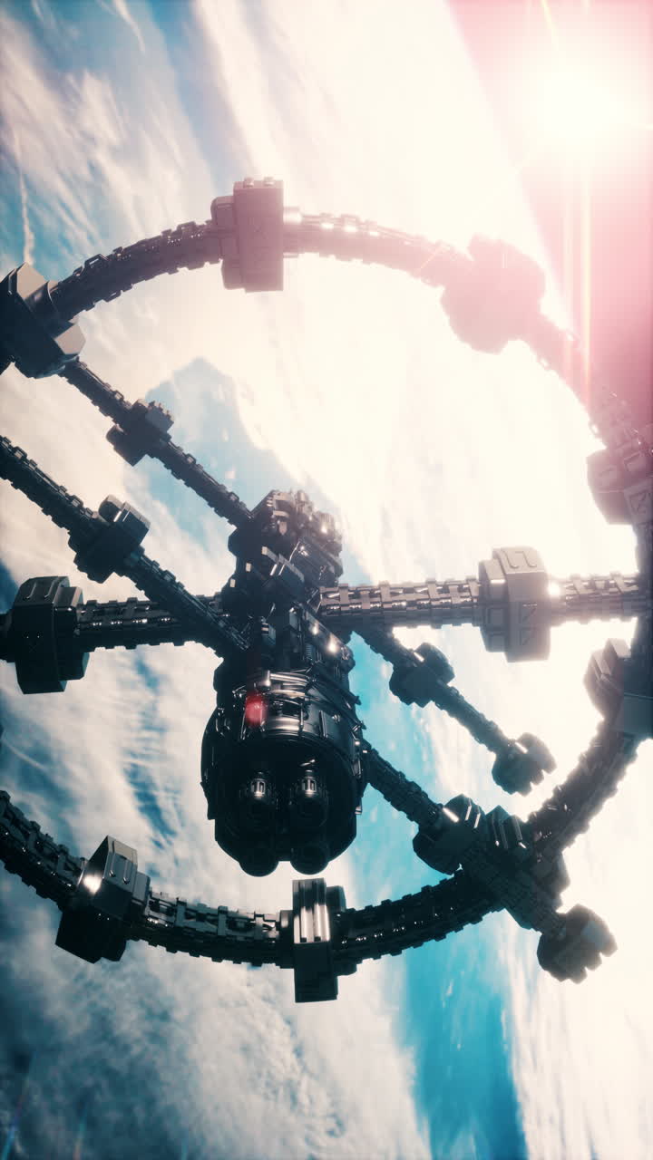 A futuristic spaceship orbits earth showcasing intricate design and machinery