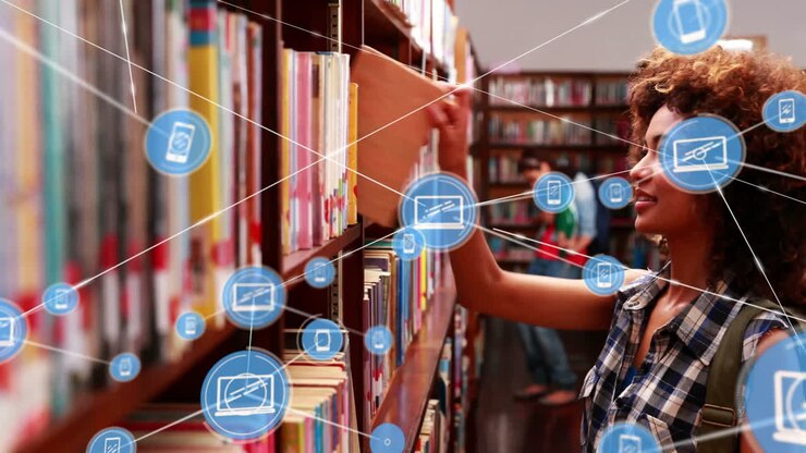 Selecting books from library shelves, woman surrounded by digital communication icons
