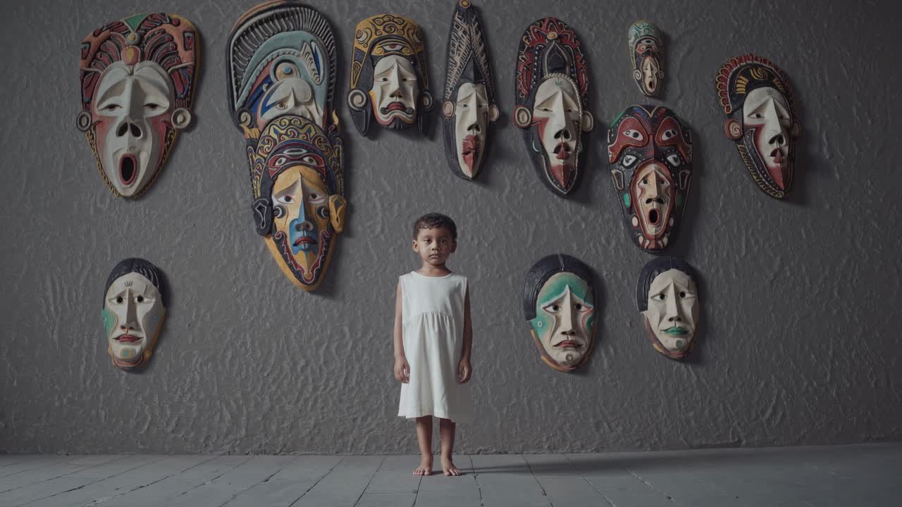 Child in white dress stands before a wall of colorful masks, showcasing a moment of curiosity and wonder in a captivating artistic environment