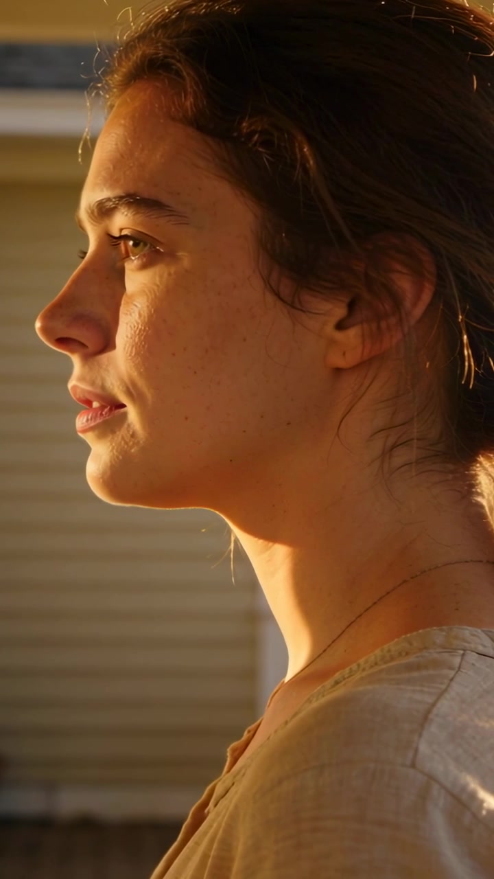 Vertical video: Seeing woman tilting neck and smiling on porch, golden light catching eye and chain