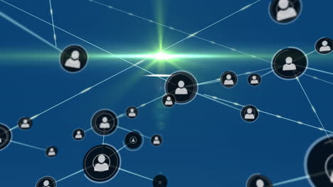 animation of network of connections with icons over blue background