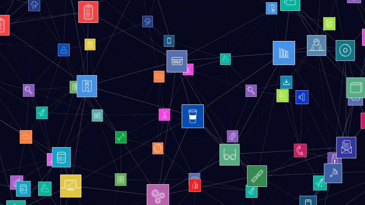 animación de la red de conexiones con iconos digitales