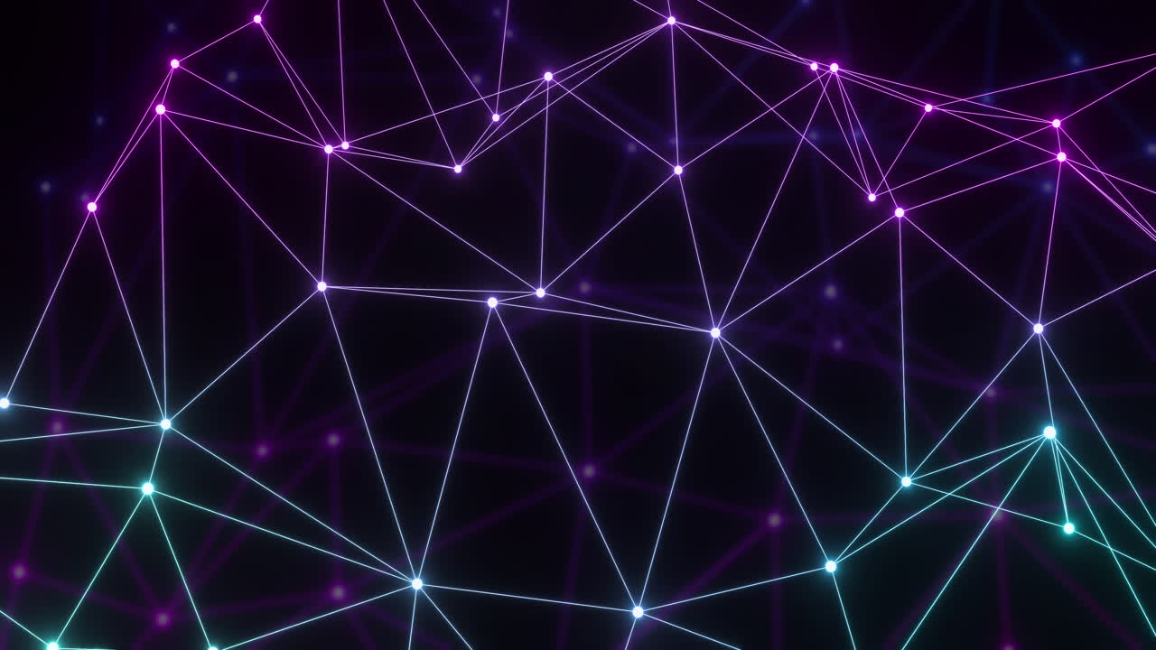 Animation of glowing purple and blue 3d network moving over distant network on black background