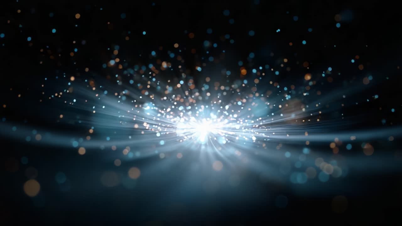 Un'esplosione cosmica di luce e colore accattivante nello spazio profondo, con particelle scintillanti e onde di energia fluenti che creano un'atmosfera misteriosa
