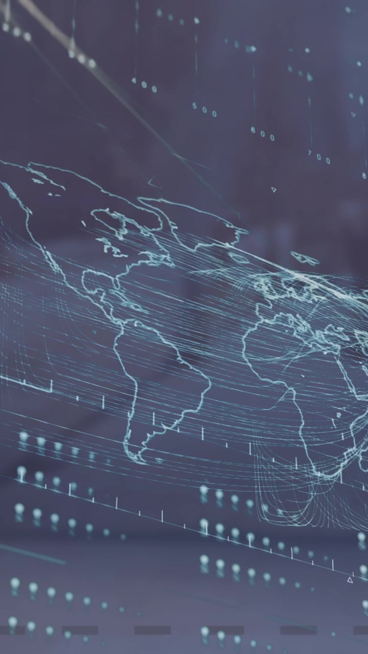Animation of interface with data processing over world map against empty city street
