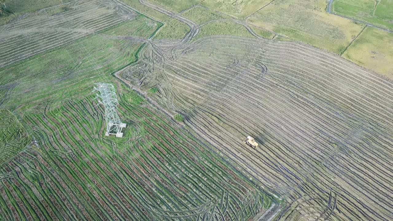 ¿vista aérea del cosechador de drones al lado de la torre eléctrica en un campo de arroz tradicional?