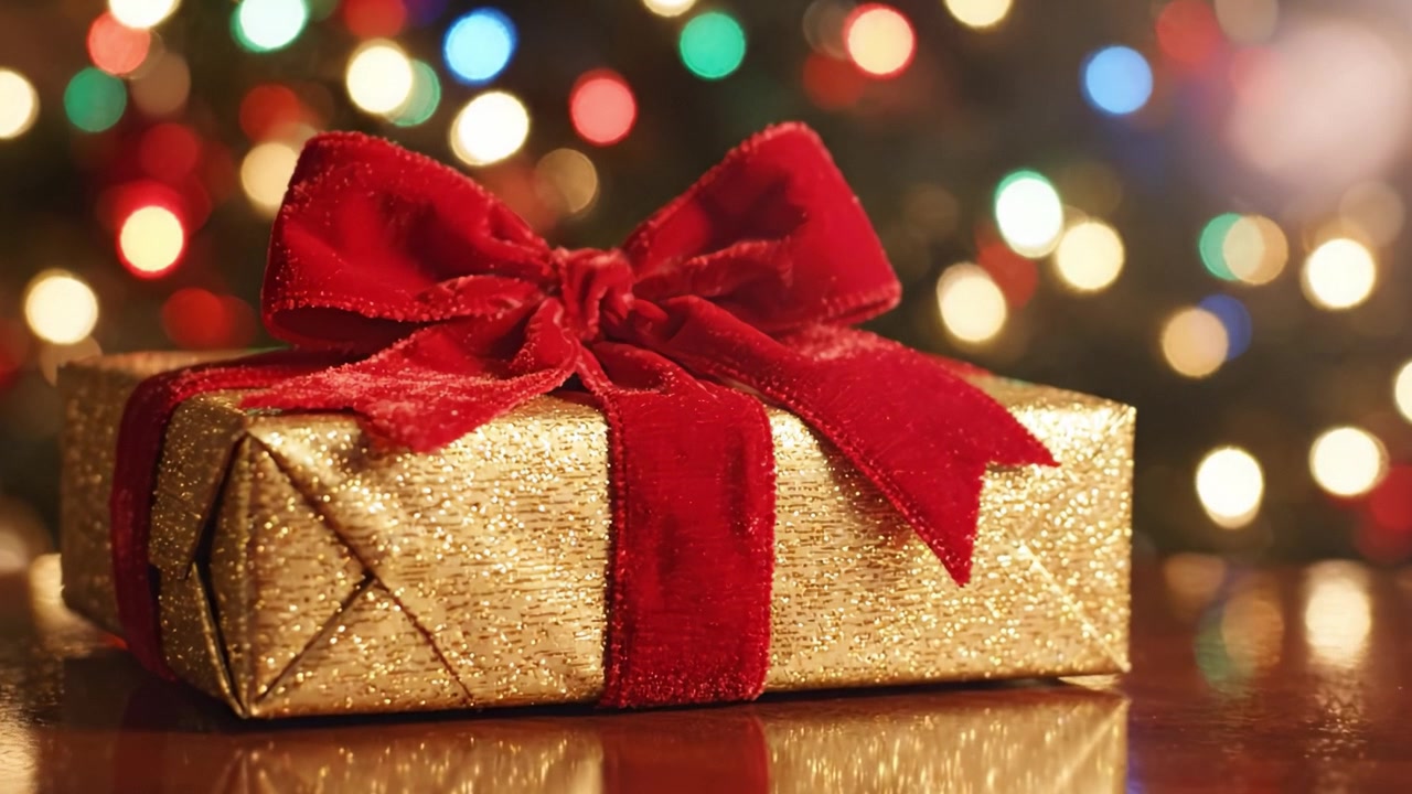 Un regalo dorato splendidamente incartato con un fiocco rosso, fotografato contro uno sfondo abbagliante di luci natalizie colorate, perfetto per celebrazioni e festività.