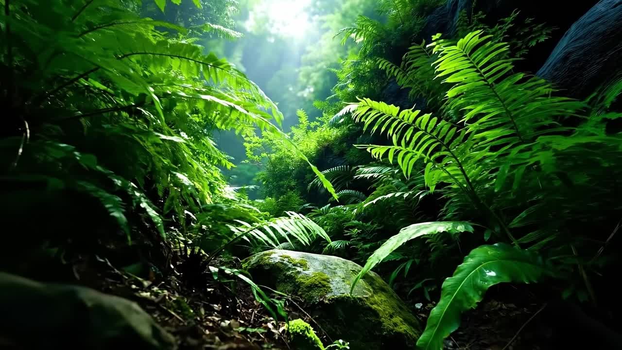 A lush green forest filled with lots of plants and rocks