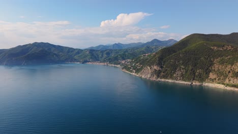 beautiful aerial view of a coastal town in italy, clear water and green hills