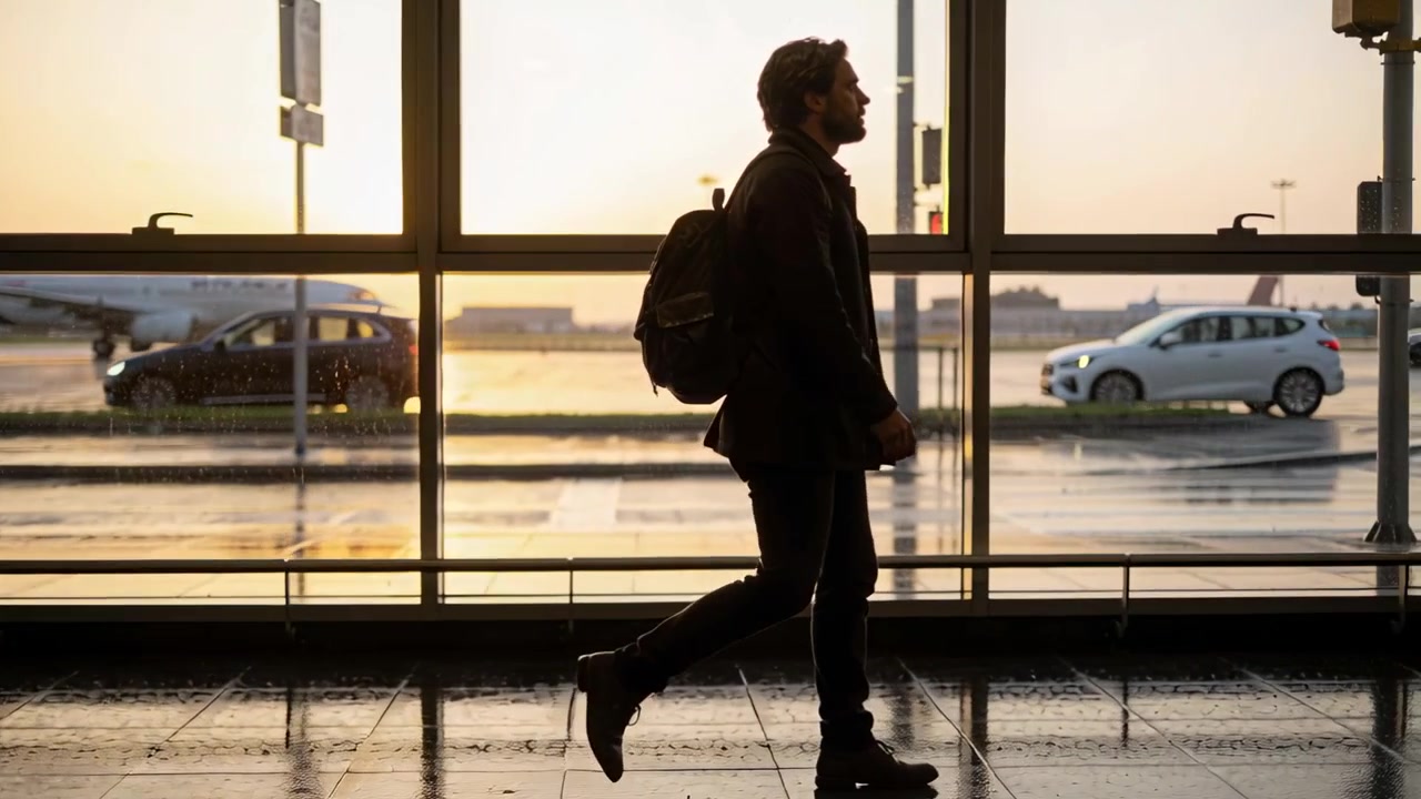 Voyageur masculin marchant en veste sombre et bottes, ralentissant près des fenêtres de l'aéroport, avec un sac à dos.