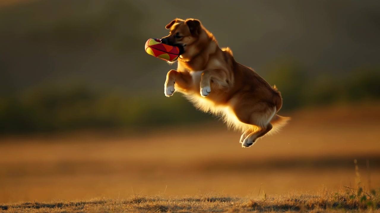 Energetic dog jumps high above dry grass and secures a bright red and yellow ball in its mouth, with warm low sunlight outlining fur and a softly defocused landscape behind.