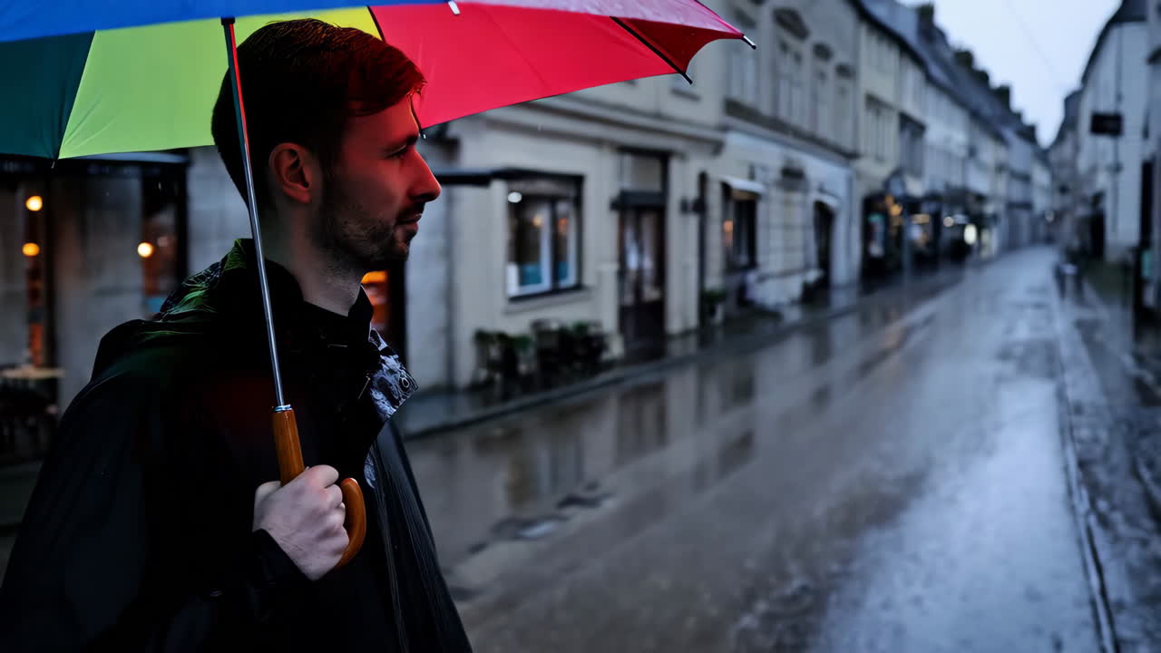 Uomo con ombrello in una vecchia città europea piovosa