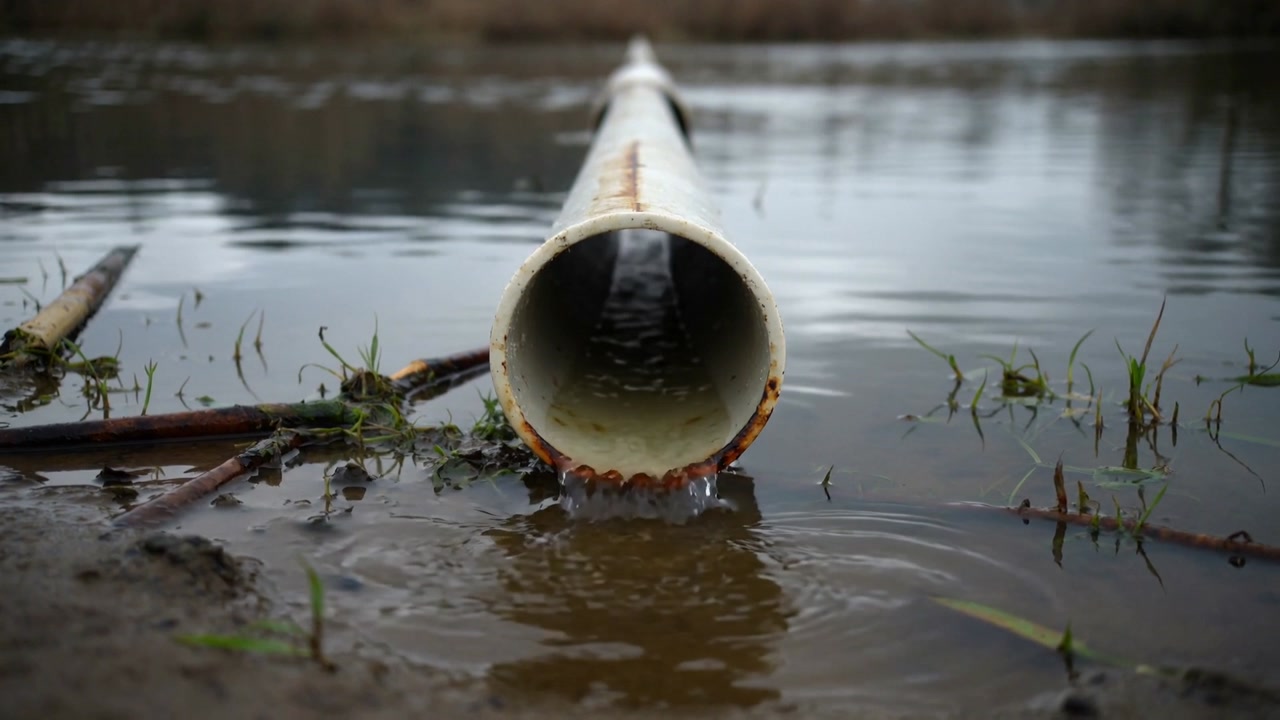 Dripping white cylindrical pipe releasing water at flooded field edge, disturbing muddy bank plants