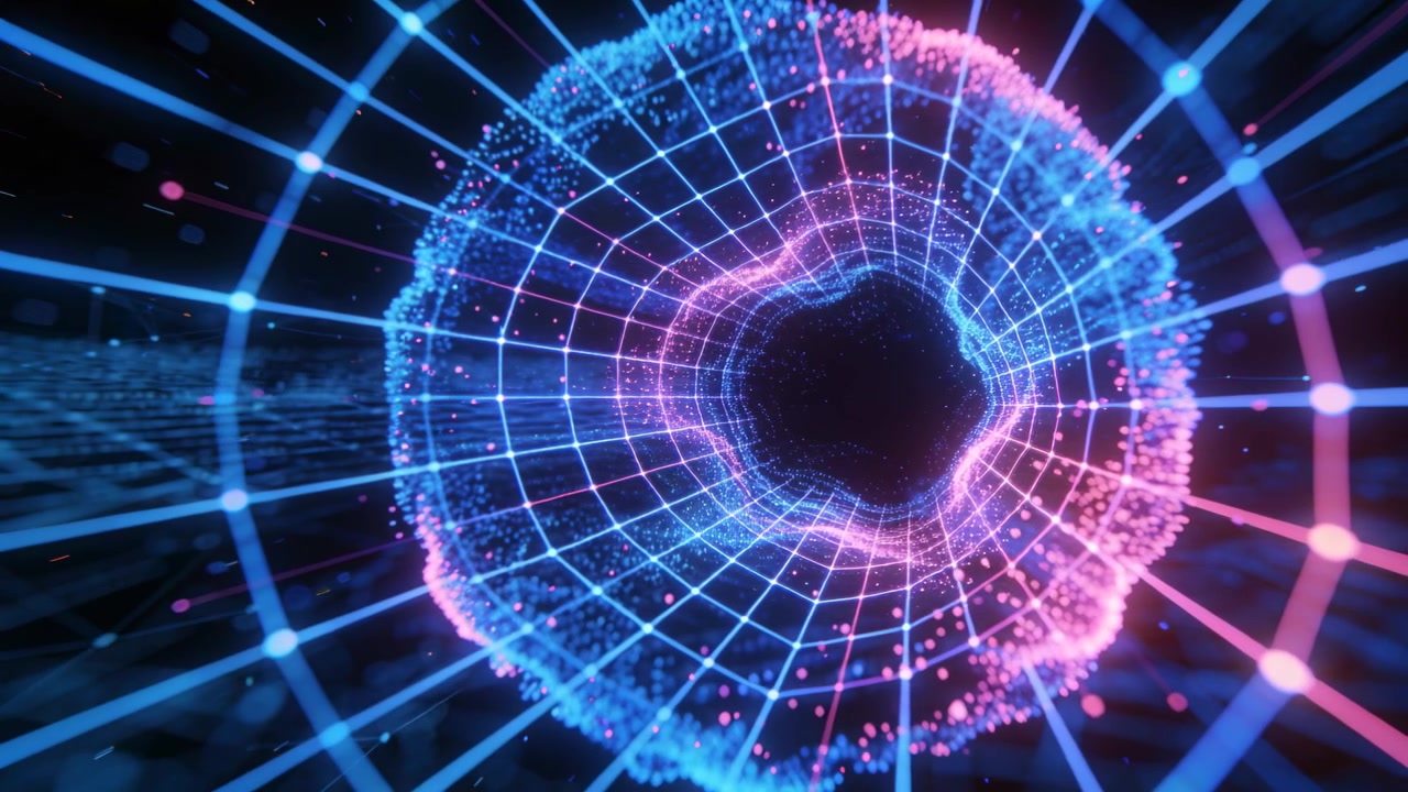 Brightening wireframe lattice with dark void pulsing outward in virtual space, releasing particles