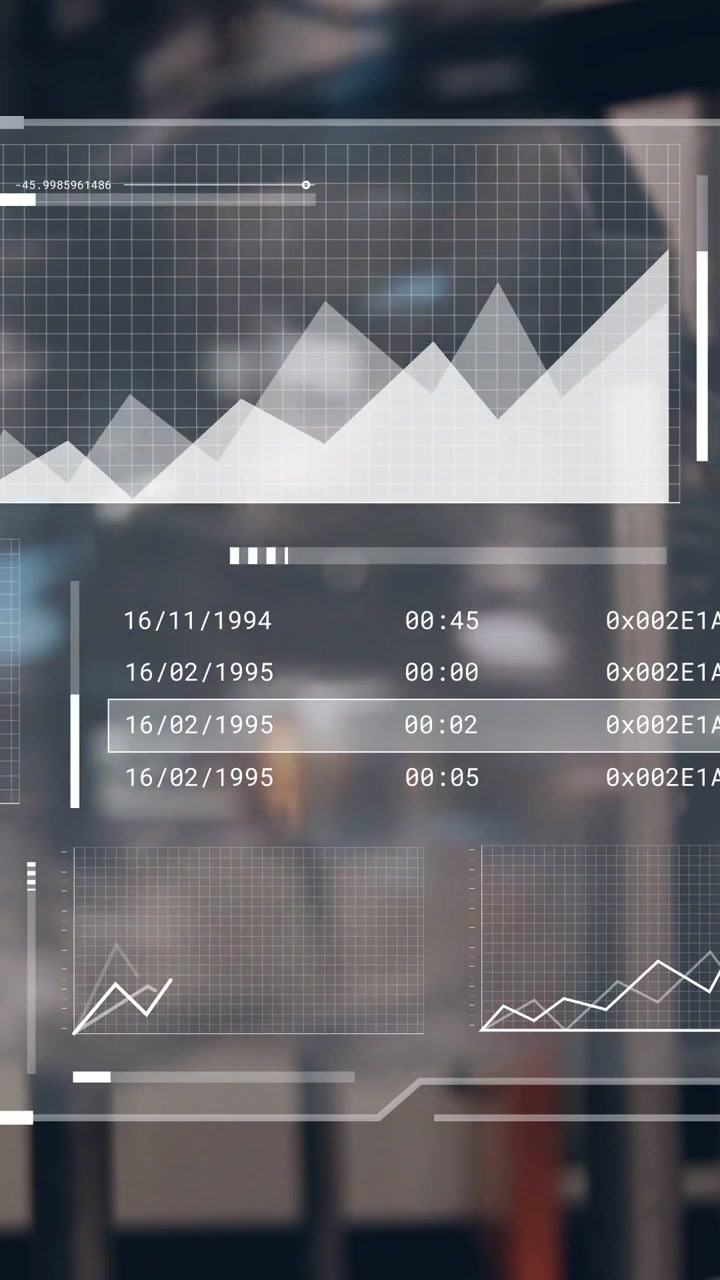 Vertical video: Translucent tech UI moving highlight through dates, updating charts via user review