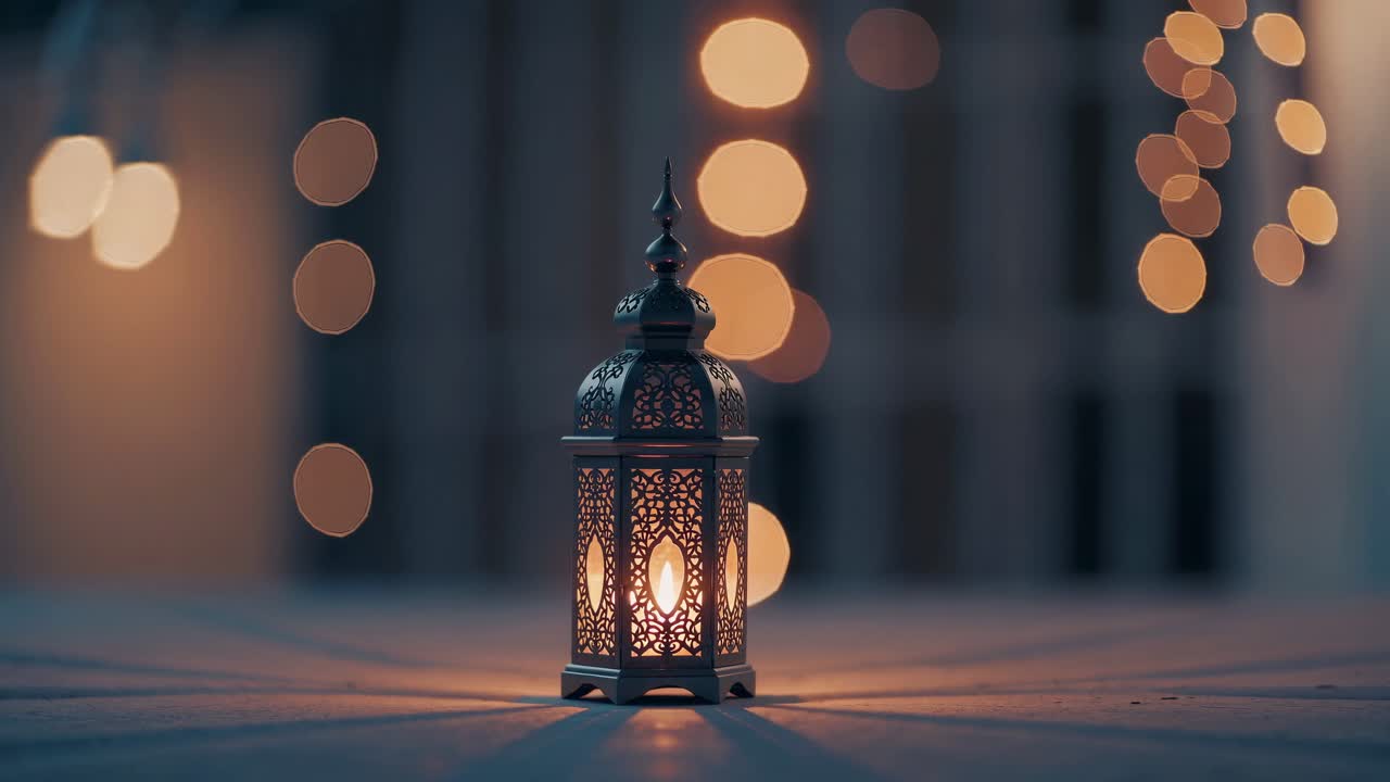 Traditional metal lantern emitting golden warm radiance, resting on surface with softly blurred ambient lights, creating meditative Ramadan spiritual atmosphere