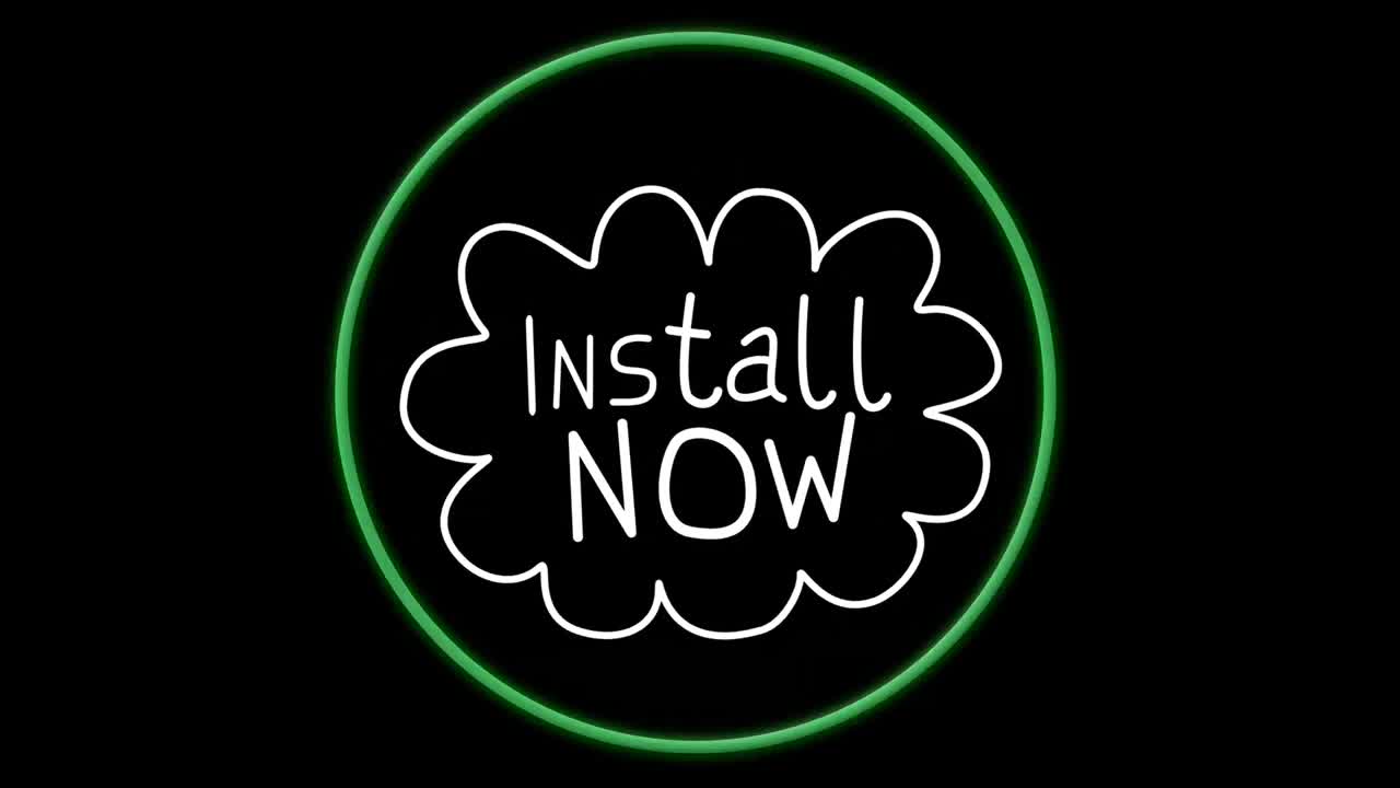 animación de instalar ahora texto sobre círculo verde sobre fondo negro