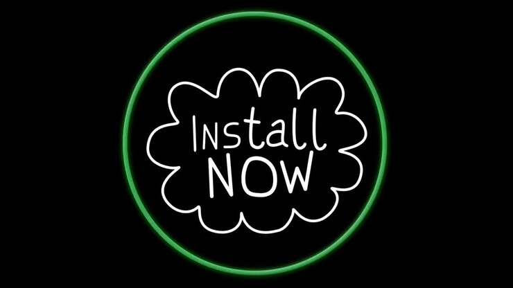 Animation of install now text over green circle on black background