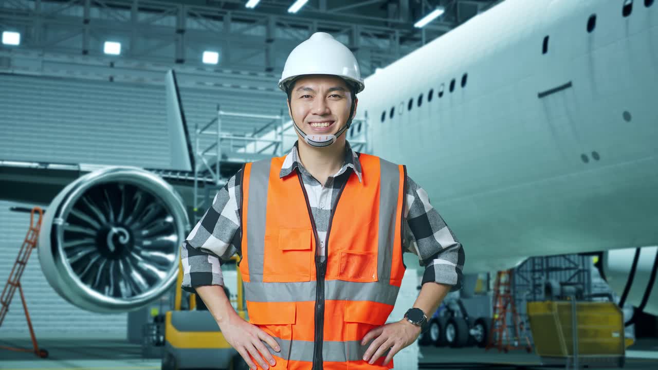 ingeniero masculino asiático con casco de seguridad sonriendo a la cámara con brazos akimbo con aviones en el hangar