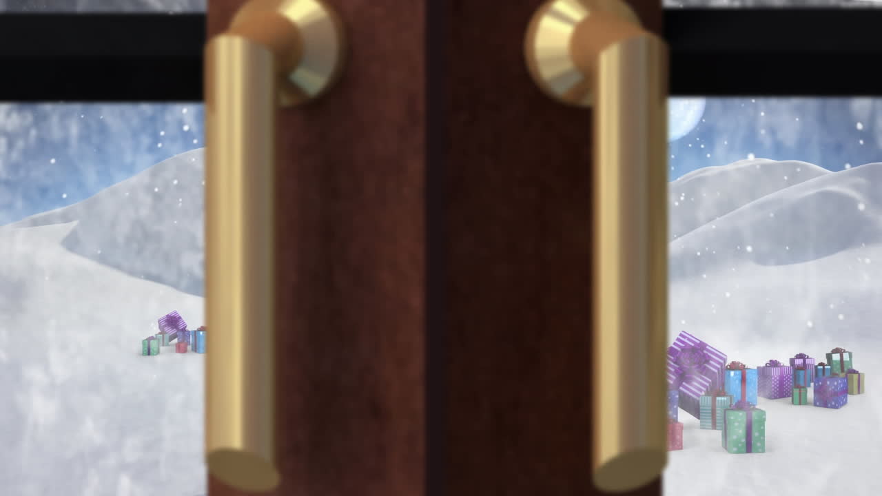 크리스마스 트리와 산타 슬레이가 창문을 통해 보이는 겨울 크리스마스 장면의 애니메이션