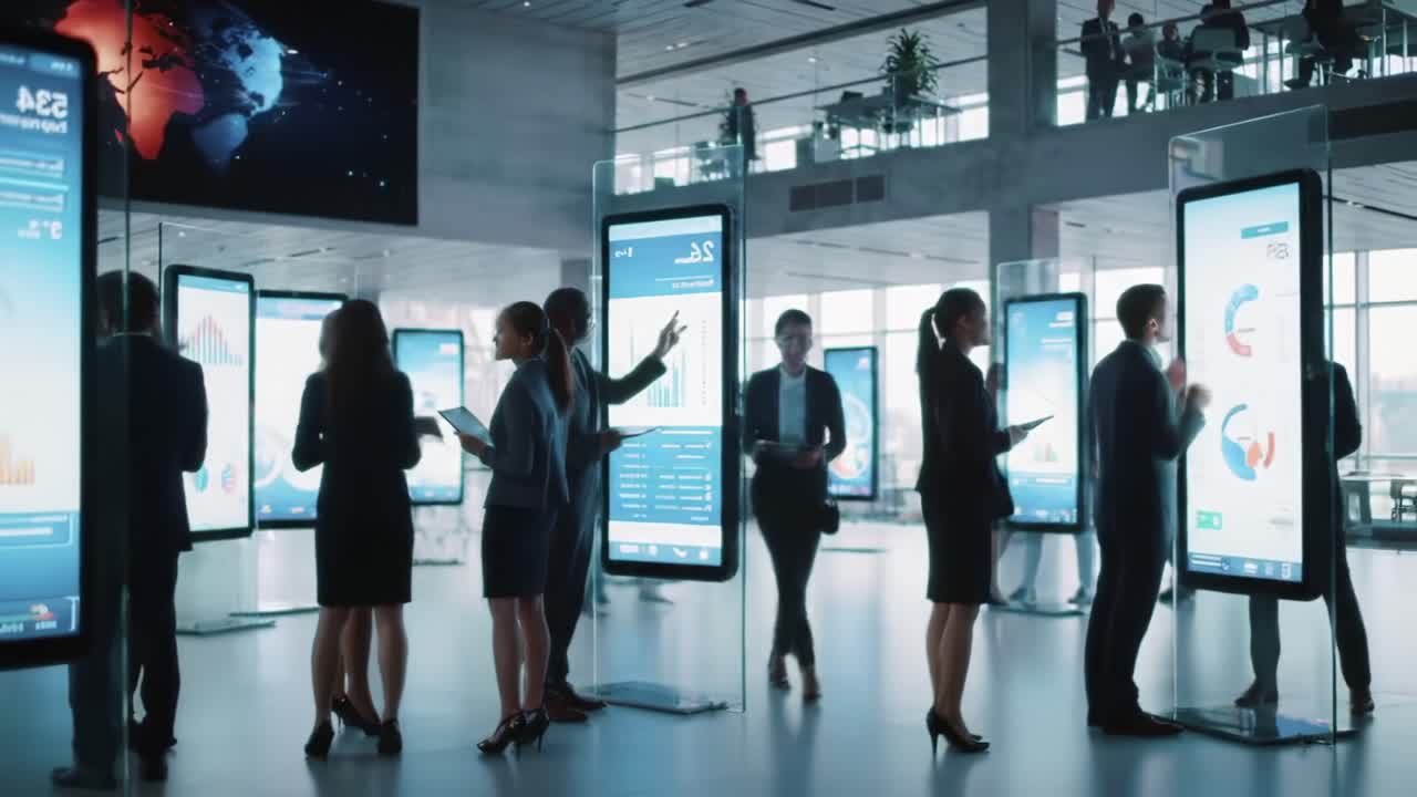 A dynamic modern business environment showcasing professionals engaged in discussions and analyzing data displayed on digital screens in a high-tech office setting