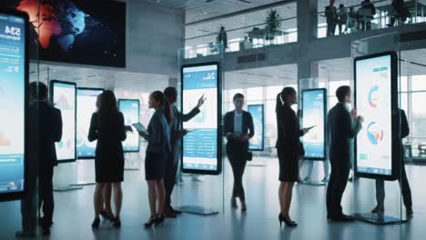 a dynamic modern business environment showcasing professionals engaged in discussions and analyzing data displayed on digital screens in a high-tech office setting