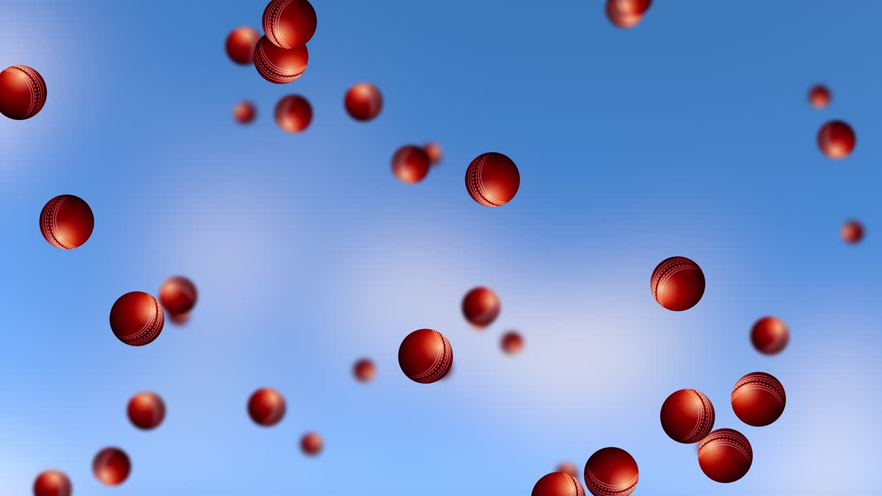 Red balls floating against a cloudy blue sky