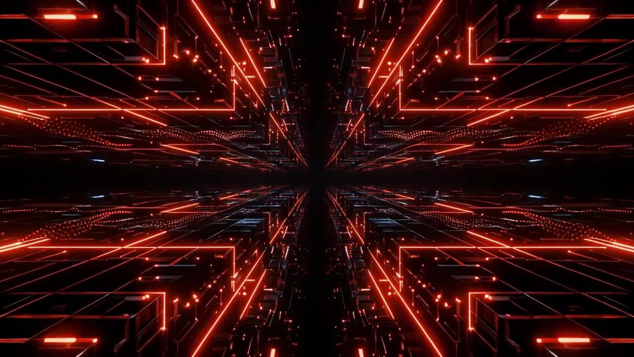 Futuristic Digital Tunnel with Glowing Red Neon Circuitry