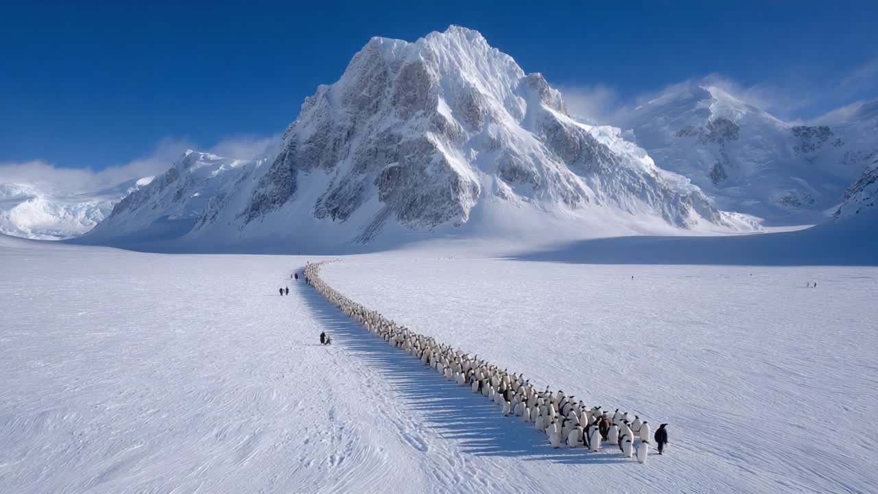 A Majestic Gathering: A Line of Penguins Marching Across a Snow-Covered Landscape Under Clear Blue Skies, Framed by Towering Glaciers and Mountains