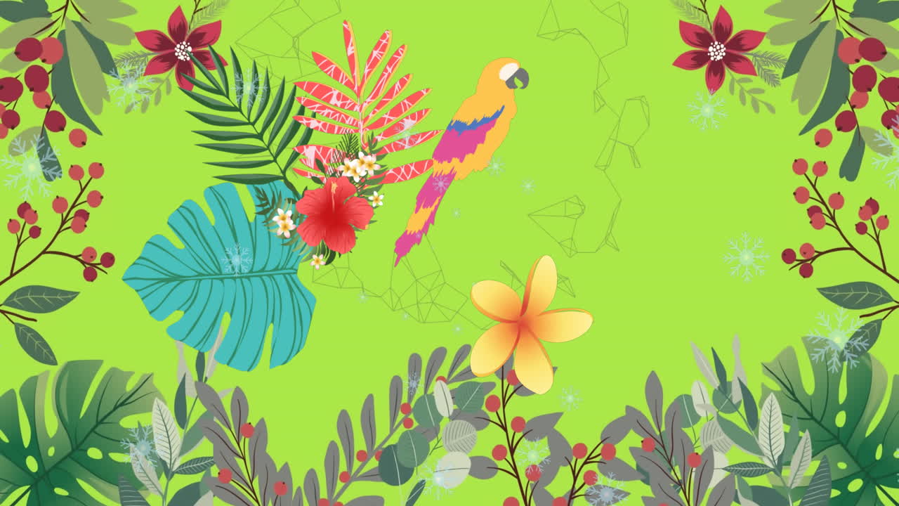 animación de pájaros tropicales, hojas y patrón sobre fondo verde