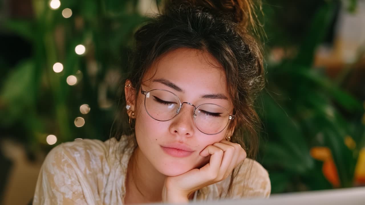 Momento de contemplación: una joven absorta en sus pensamientos mientras trabaja en su ordenador rodeada de una exuberante vegetación y una luz ambiental suave