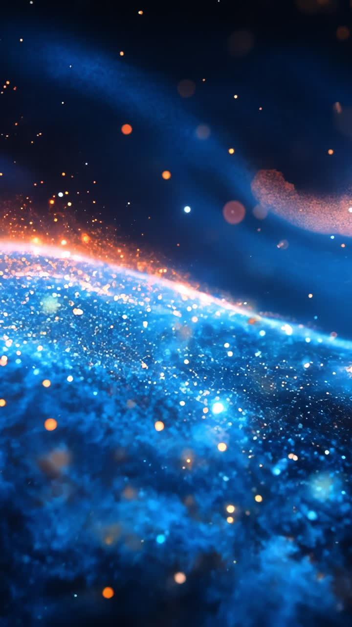 A blue wave with orange streaks in the middle. The blue wave is surrounded by a lot of small dots