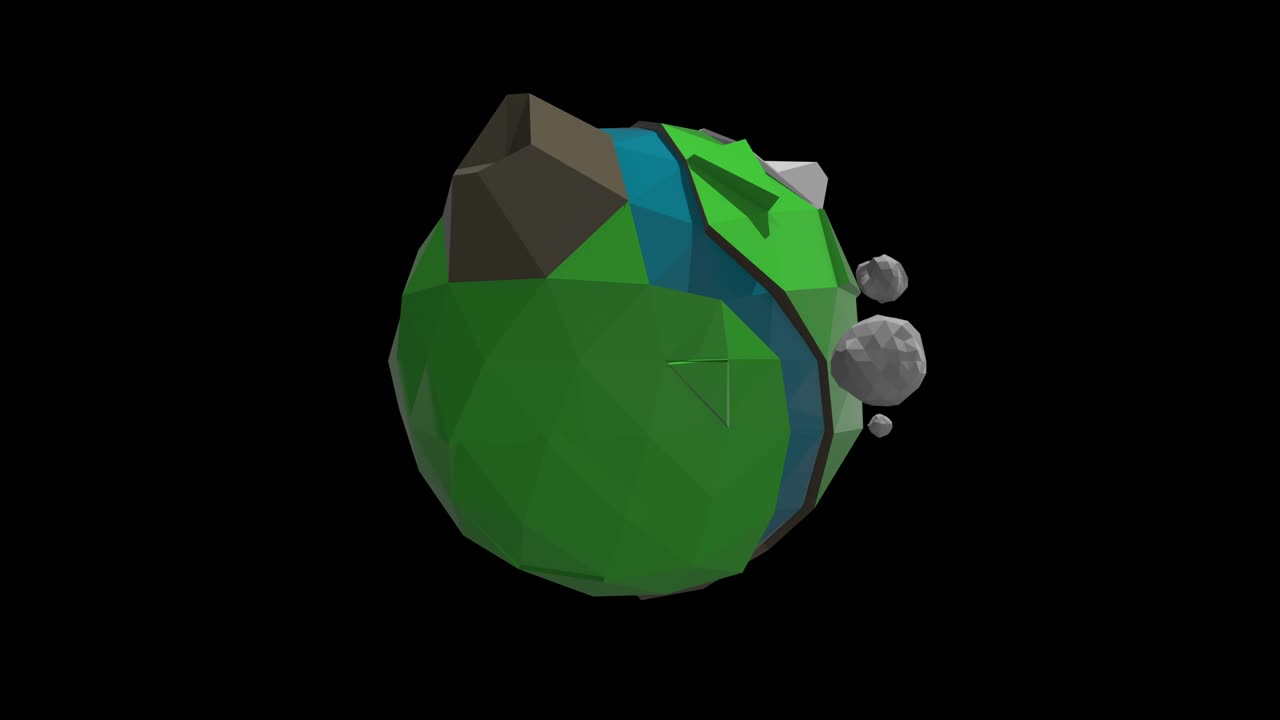 bucle sin fisuras de un planeta tierra de fantasía de baja poli 3d con río, montañas y casas pequeñas con techos rojos.