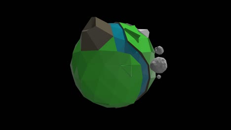 bucle sin fisuras de un planeta tierra de fantasía de baja poli 3d con río, montañas y casas pequeñas con techos rojos.