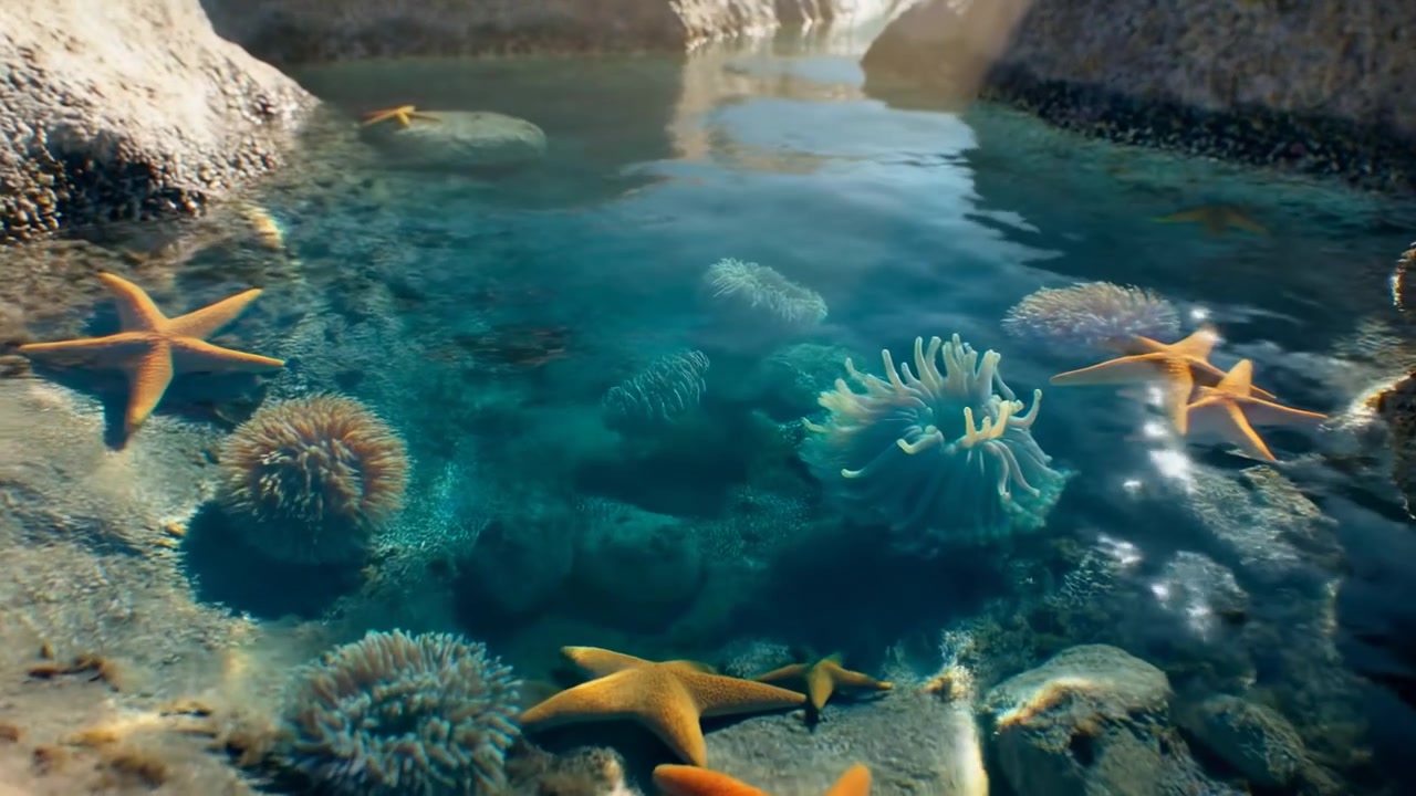 Poza de marea rocosa poco profunda vista desde un ángulo bajo que muestra agua turquesa clara, estrellas de mar naranjas dispersas descansando sobre rocas sumergidas y expuestas, erizos de mar marrones agrupados y suave luz solar.