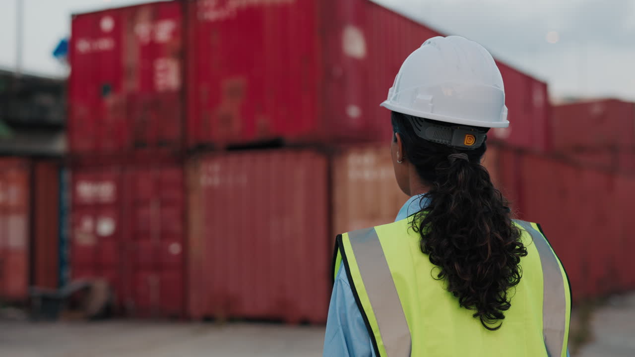Woman worker observing containers in a shipping yard