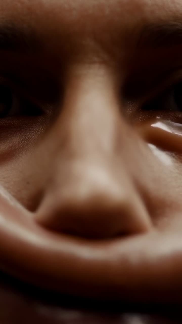 Vertical video: Leaning female face coming closer in room, hand appearing, receiving brown syrup