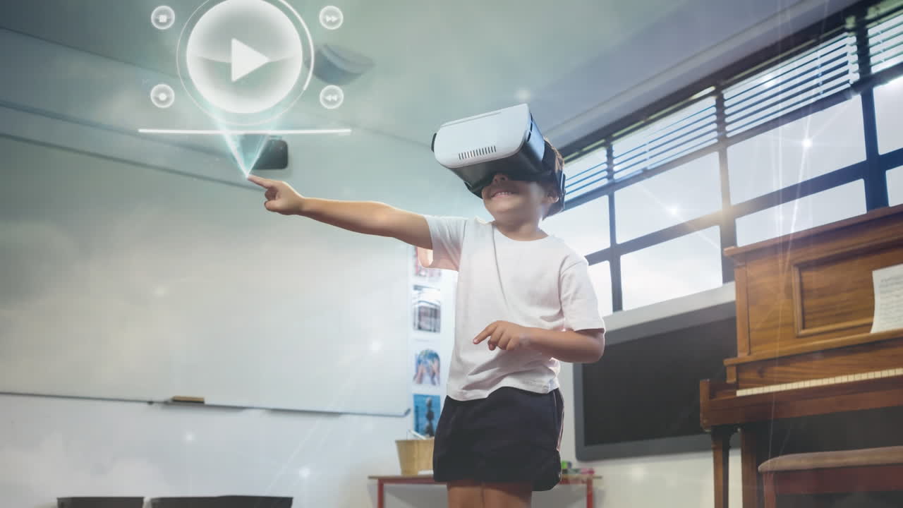 Using virtual reality headset, child interacting with play button animation over classroom