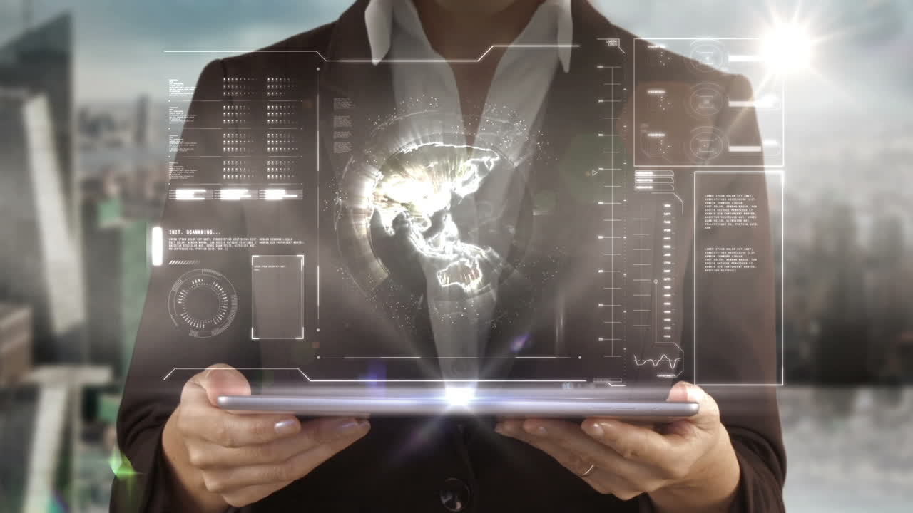 A woman presenting a new interface for tablet