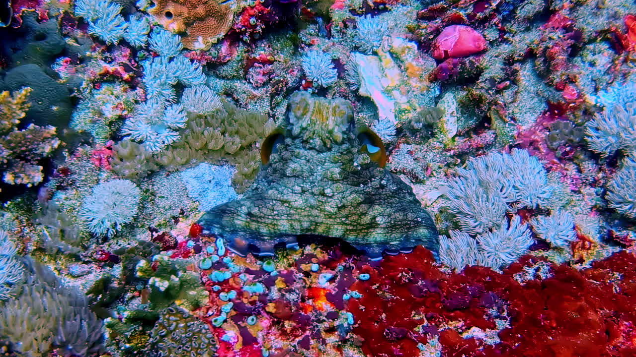Camouflaged octopus blends perfectly with surrounding coral reef habitat