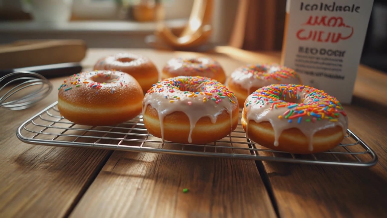 Donuts appena glassati con codette colorate su una griglia di raffreddamento